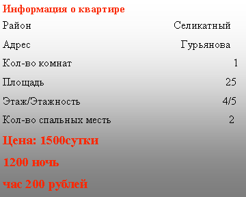 Подпись: Информация о квартиреРайон                                                    СеликатныйАдрес                                                       ГурьяноваКол-во комнат                                                           1Площадь                                                                  25Этаж/Этажность                                                    4/5Кол-во спальных месть                                           2Цена: 1500сутки  1200 ночь  час 200 рублей 