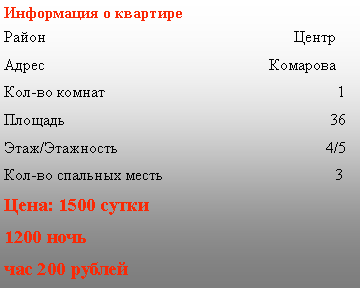 Подпись: Информация о квартиреРайон                                                              ЦентрАдрес                                                        КомароваКол-во комнат                                                          1Площадь                                                                  36Этаж/Этажность                                                    4/5Кол-во спальных месть                                           3Цена: 1500 сутки  1200 ночь  час 200 рублей 